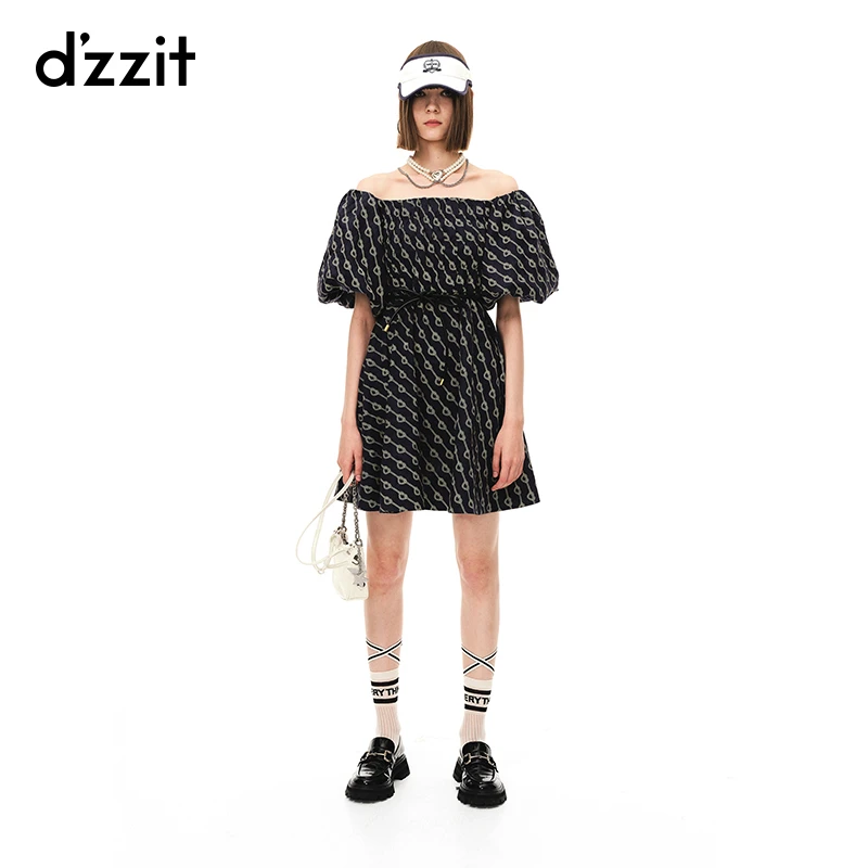 【DZ】dzzit地素夏秋法式一字肩爱心链条满印优雅连衣裙