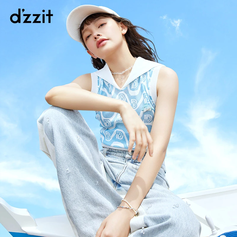 dzzit地素夏秋潮流装饰设计撞色高腰百搭直筒牛仔长裤3E2R402