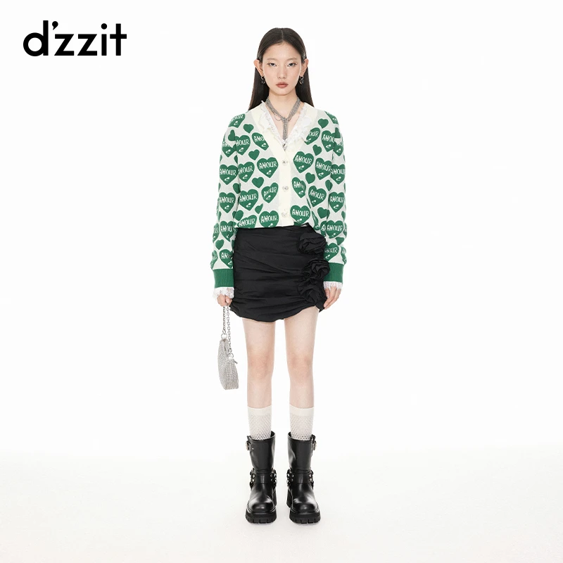 433【陈大可专属】dzzit地素爱心针织衫春秋绿色宽松V领开衫上衣女3