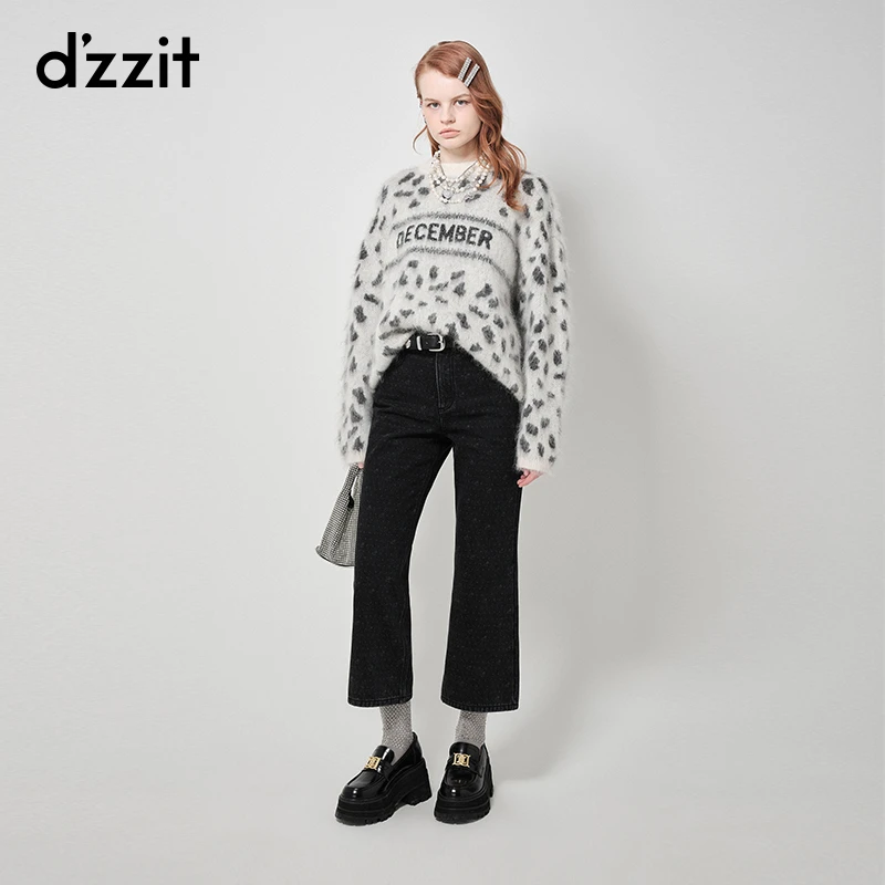 421【陈大可专属】dzzit地素牛仔长裤春秋复古黑色满印印花微喇直筒