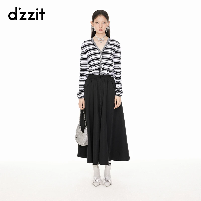 dzzit地素条纹针织衫春秋摩登休闲V领修身开衫长袖上衣女3I1E520