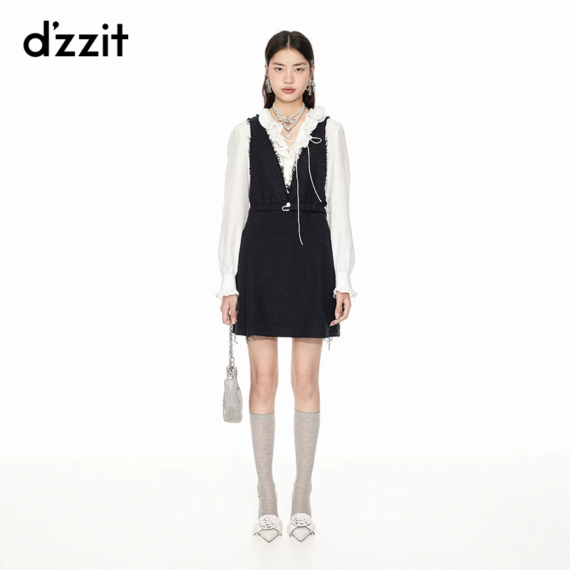 dzzit地素吊带连衣裙春秋摩登粗花呢黑色毛边短裙3I1O260