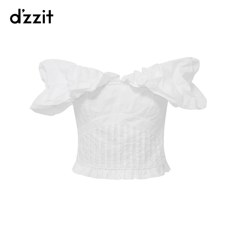 dzzit地素衬衫夏秋摩登一字肩泡泡袖白色褶皱小上衣女3I3D305