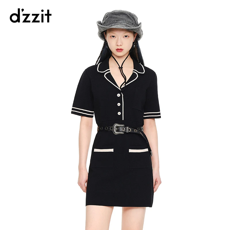 【专属】dzzit地素夏秋收腰黑色法式短袖针织连衣裙短裙女3E2