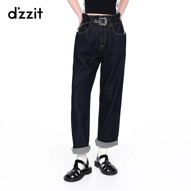 【爆款补单】dzzit地素复古深蓝直筒宽松休闲高腰牛仔裤女3E3R612