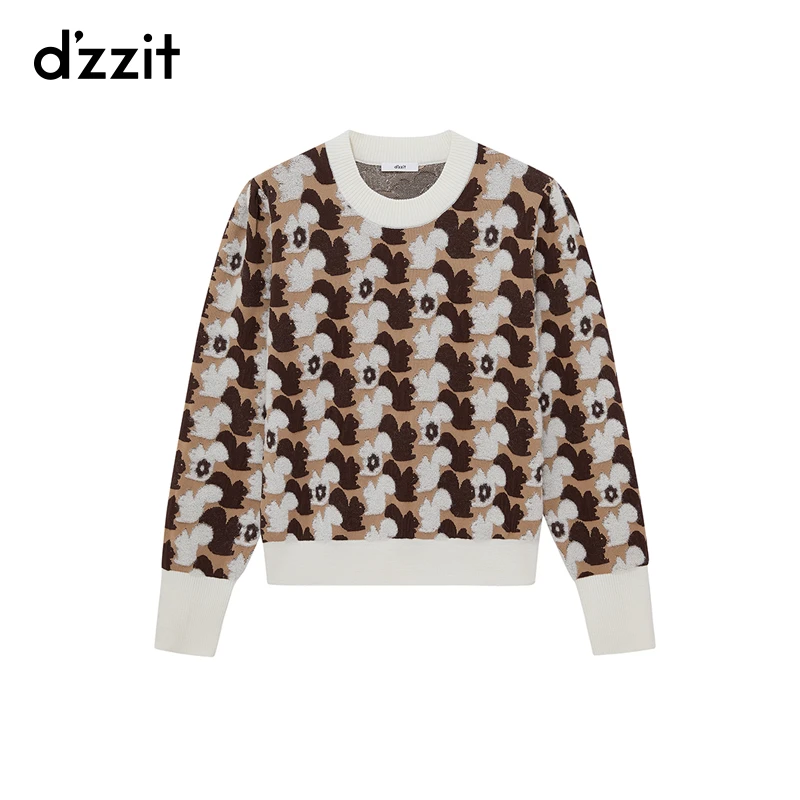 dzzit地素长袖针织衫美拉德复古圆领满底提花毛衣上衣女3H4E455