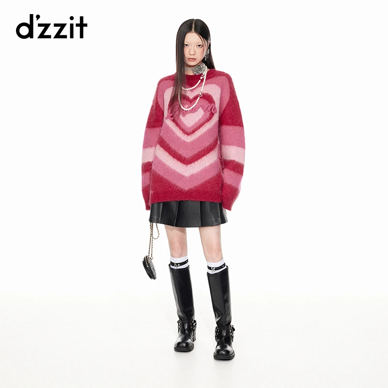 619【专属】dzzit地素针织衫春秋慵懒风宽松爱心提花毛衣女3I1E461