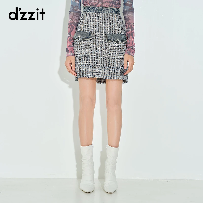 dzzit地素千金小香风牛仔拼接粗花呢高腰a字半身裙短裙女3D1S227
