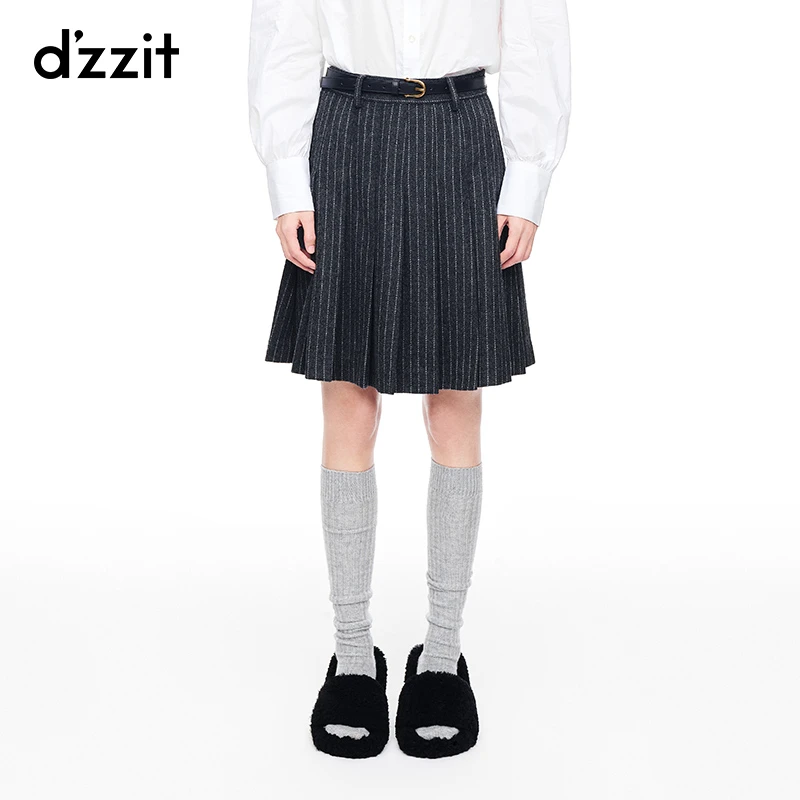 641【专属】dzzit地素春秋竖条纹英伦学院风羊毛混纺百褶A字短裙女