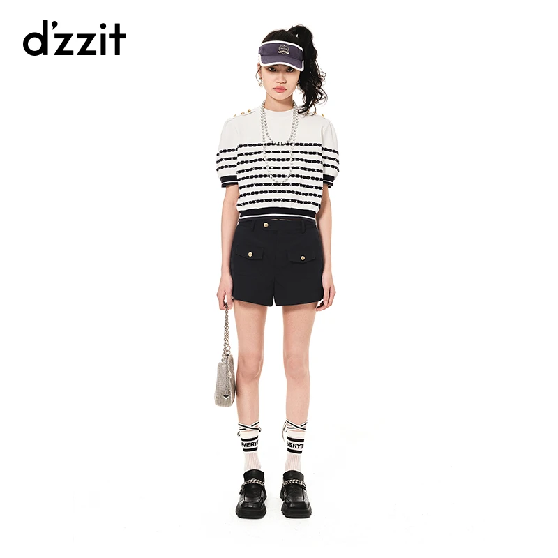 dzzit地素夏通勤翻盖口袋设计毛涤精仿休闲深蓝色短裤女3H2Q1131T