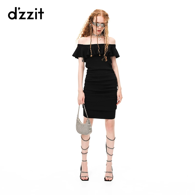 285【专属】dzzit地素针织连衣裙一字肩修身褶皱包臀裙小黑裙礼服女