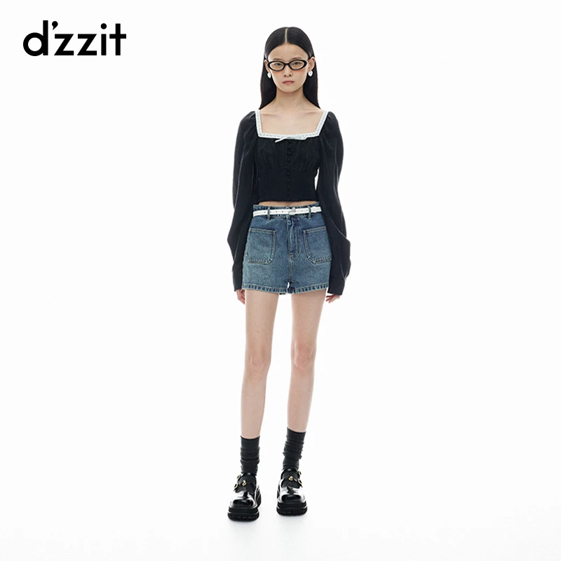 dzzit地素衬衫宫廷复古暗纹提花方领长袖短款黑色上衣女3I3D514