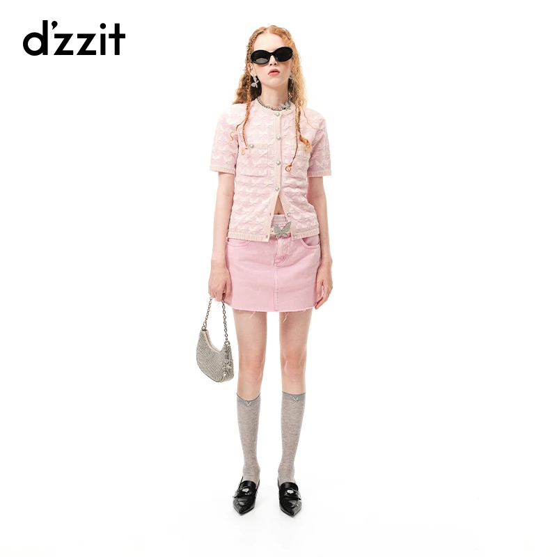 【DZ】dzzit地素夏芭比纽扣蝴蝶提花短款针织开衫女