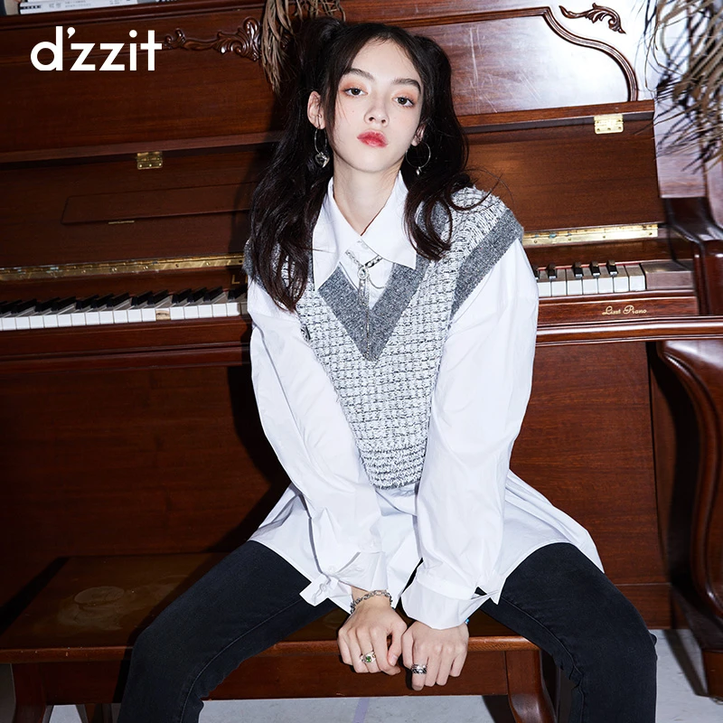 【真两件】dzzit地素针织背心马甲衬衫宽松两件套上衣女3D4E204