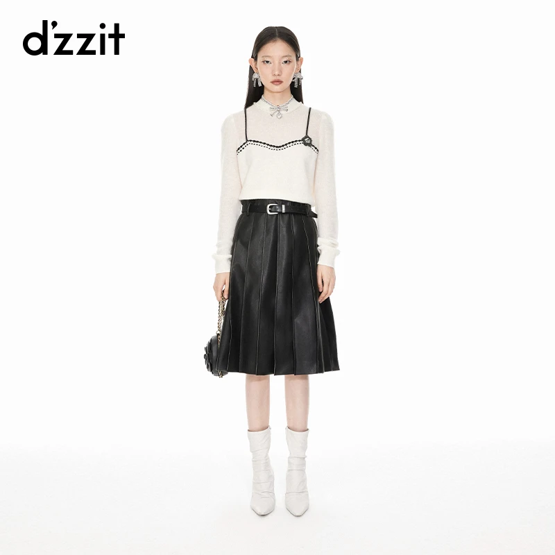 0005dzzit地素套头针织衫春秋假两件撞色白色圆领毛衣3I1E432