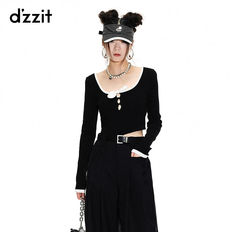 dzzit地素春秋辣妹U型领蝴蝶结撞色修身短款长袖针织衫女3H1E441