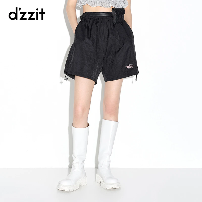 dzzit地素时尚休闲运动风抽绳设计黑色高腰宽松机能风短裤