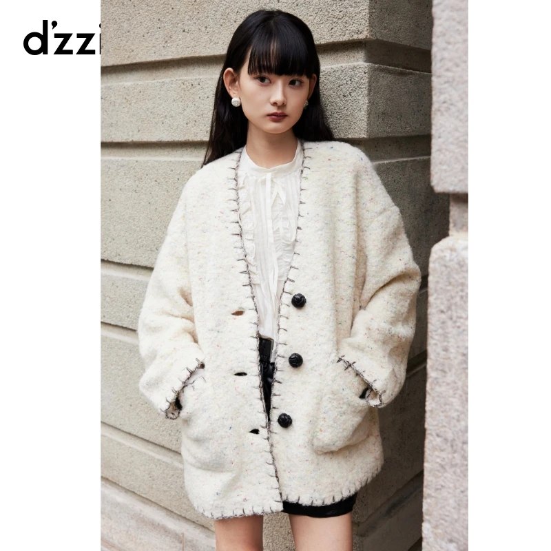 dzzit地素毛呢外套秋冬少女风气质V领纱线混织宽松大衣女3I4G261