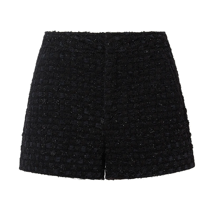 dzzit地素短裤春秋酷飒黑色棋盘格羊毛混纺银葱休闲裤女3I3Q128