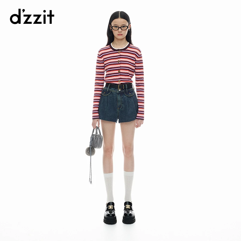 dzzit地素长袖针织衫春秋复古多巴胺彩条修身开衫上衣女3I3E504