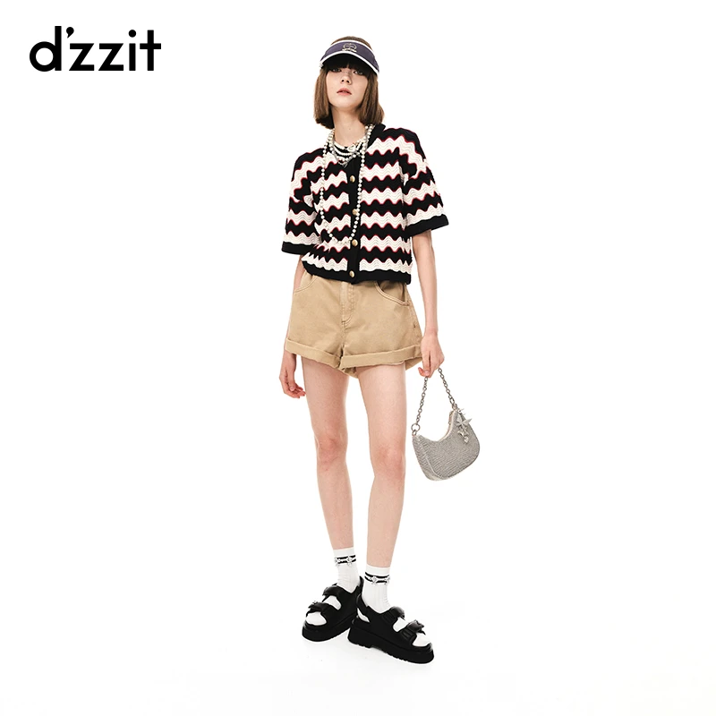 【专属】dzzit地素夏法式复古波浪条纹撞色肌理感针织开衫上衣女