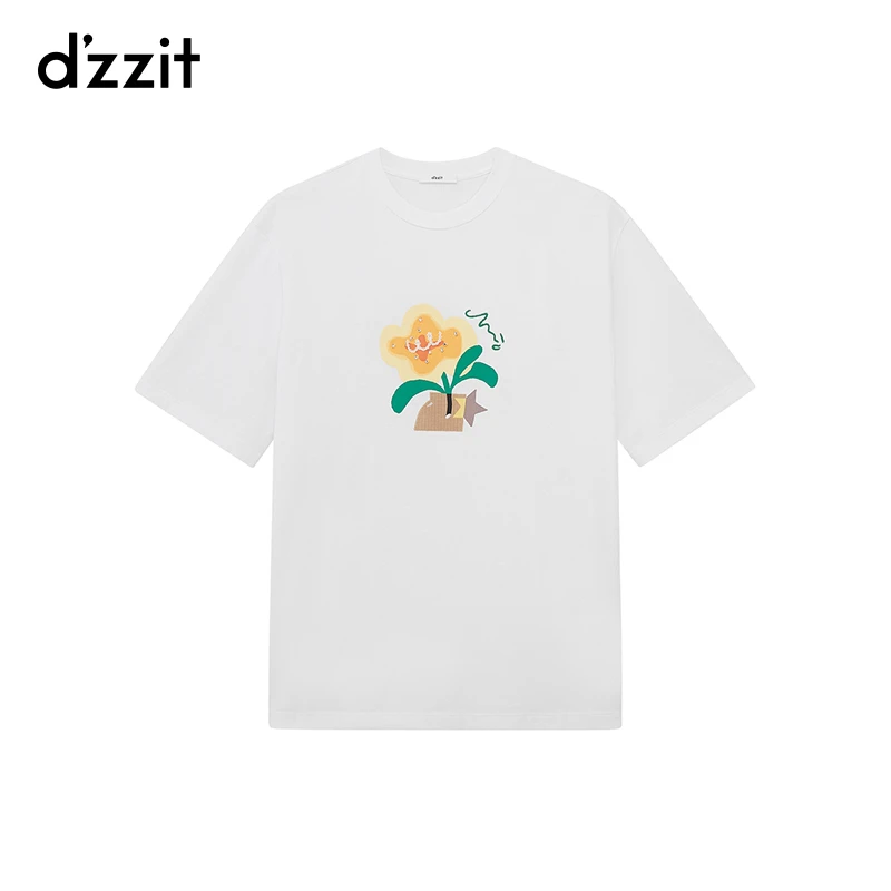 dzzit地素花瓶印花T恤春秋时尚简约白色短袖上衣女3H2B3241C