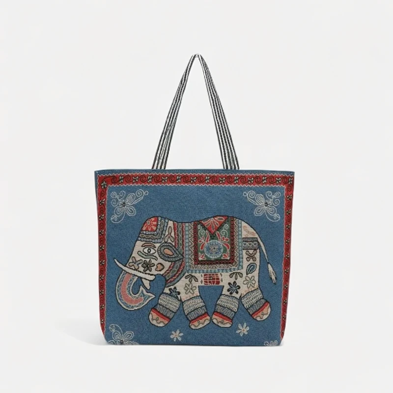 【工厂直销】新款绣花大象流行卡通帆布包女士大容量百搭韩版手提包