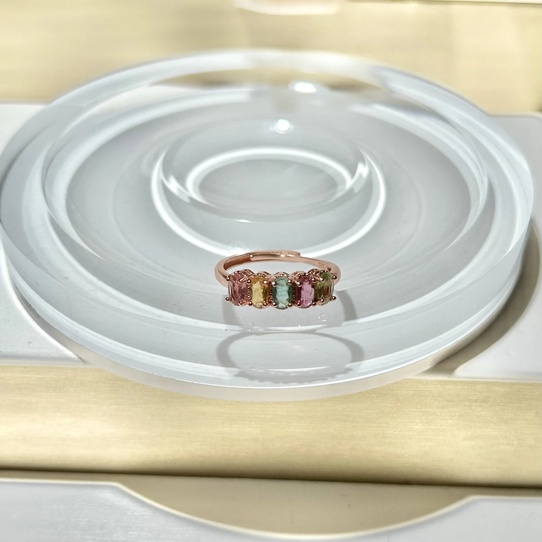 碧玺排戒戒指S925银玫瑰金色设计款高级时尚简约款（多样性发一件）