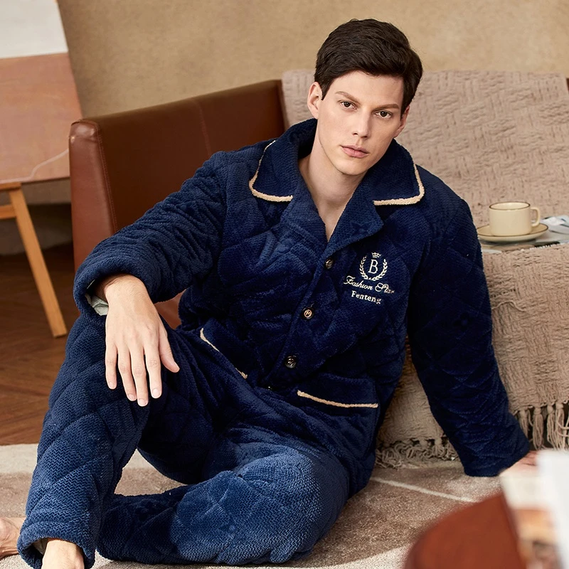 芬腾【绅士英伦风 内里加绒】冬季加厚夹棉男士睡衣