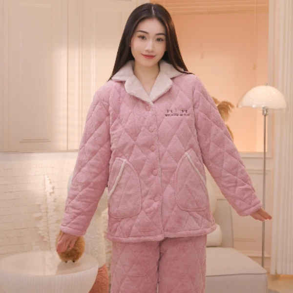 芬腾【三层夹棉防静电】秋冬系扣加绒长袖家居服保暖J98450983