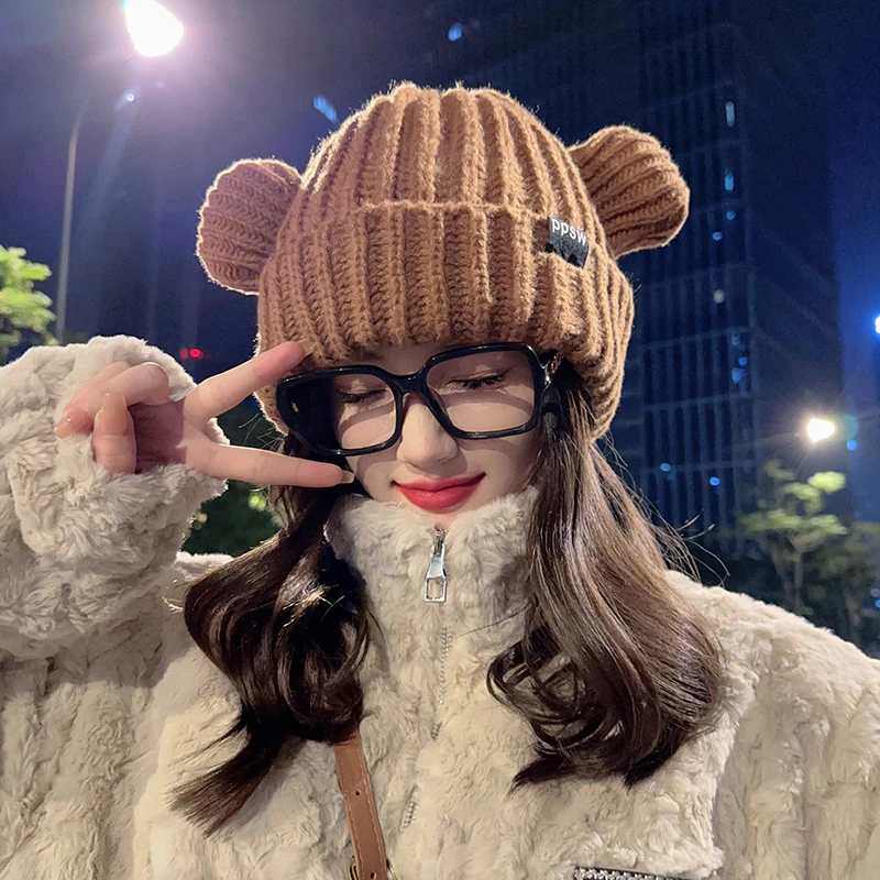 立体猫耳朵针织毛线帽子女秋冬韩版百搭时尚保暖帽学生可爱潮冷帽