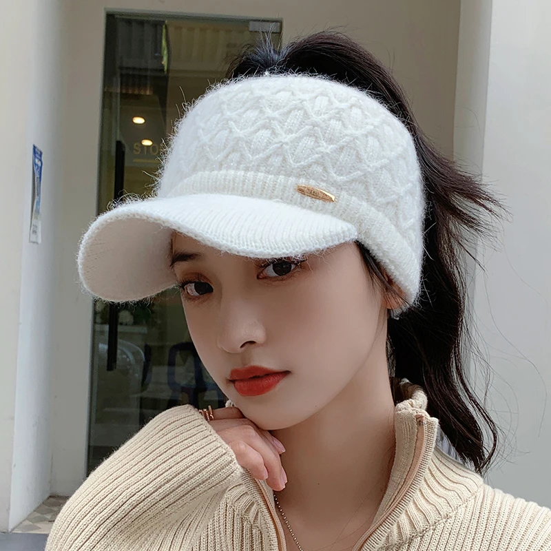针织毛线空顶鸭舌帽子女秋冬季时尚甜美棒球帽休闲保暖骑车护耳帽