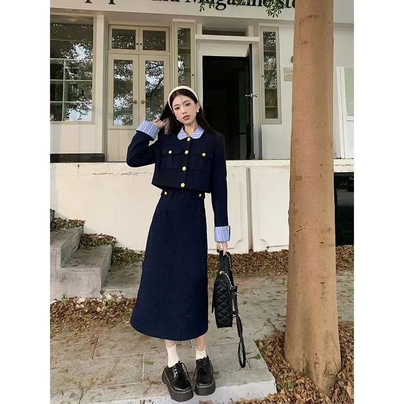 0116法式小香风长袖外套条纹拼接连衣裙女秋冬2025新款时尚两件套