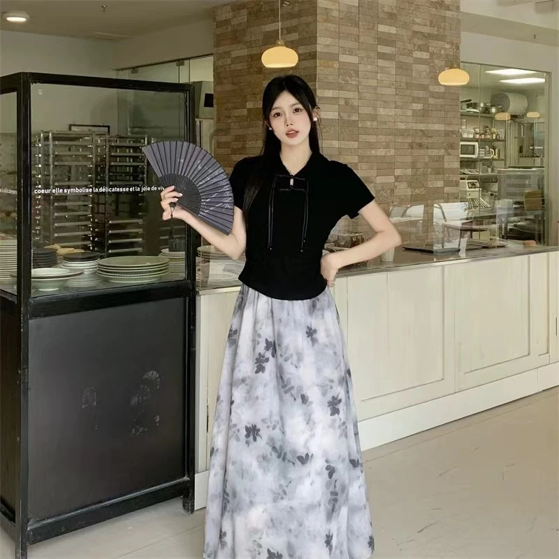 125#女装新中式套装夏季短款收腰正肩禅意国风T恤半身裙两件套