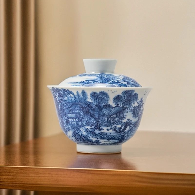 华山拙隐︱细工山水盖碗