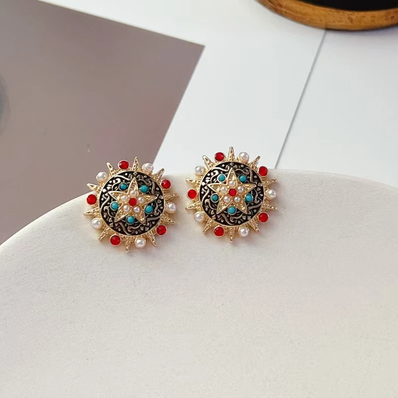 铜合金仿珍珠耳饰 925银针中古西洋风浮雕珠珠耳饰【123478】