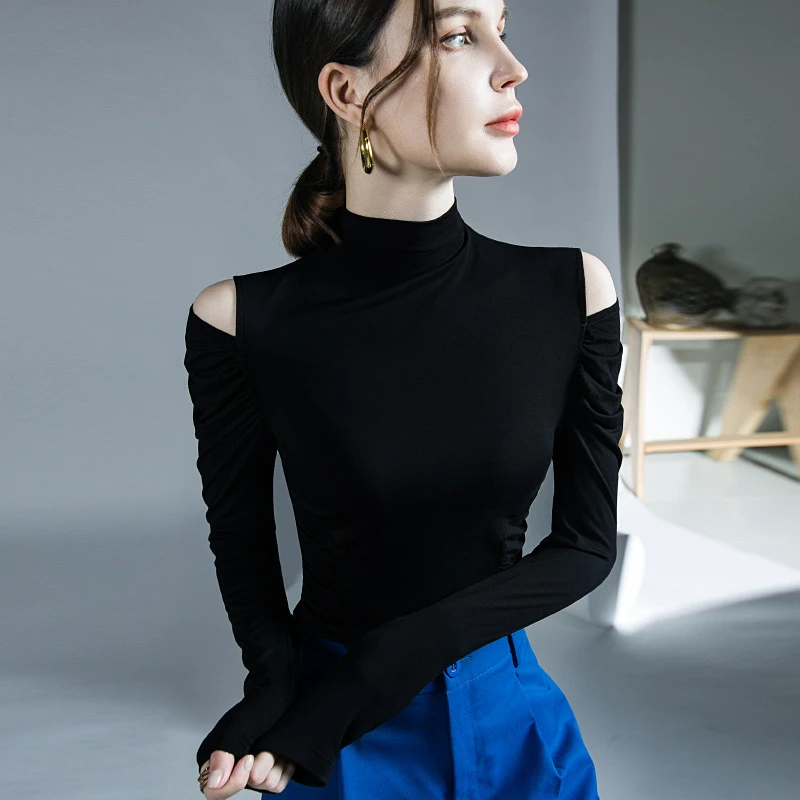 秋冬新款设计感破洞长袖内搭打底衫修身洋气褶皱半高领百搭上衣女