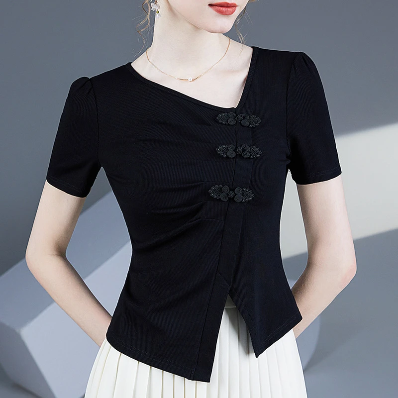 新中式高腰短袖上衣2025夏装新款不规则开叉摆短款显瘦女洋气上衣