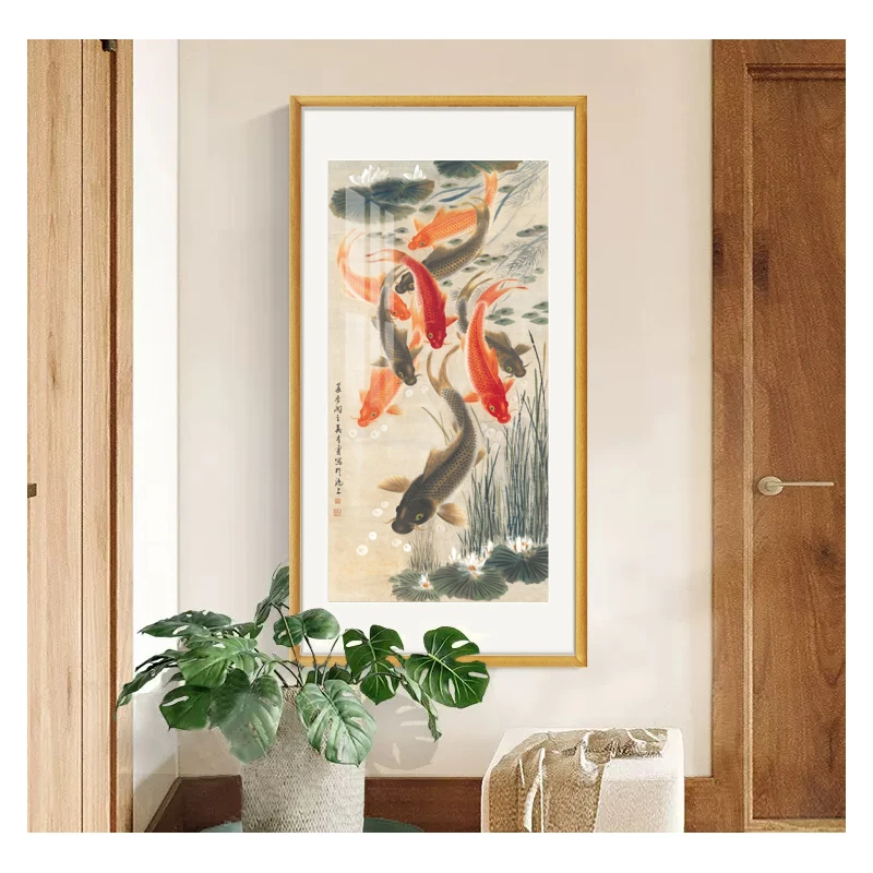 吴青霞复刻九鱼图国画玄关装饰画竖版客厅过道走廊挂画新中式壁画