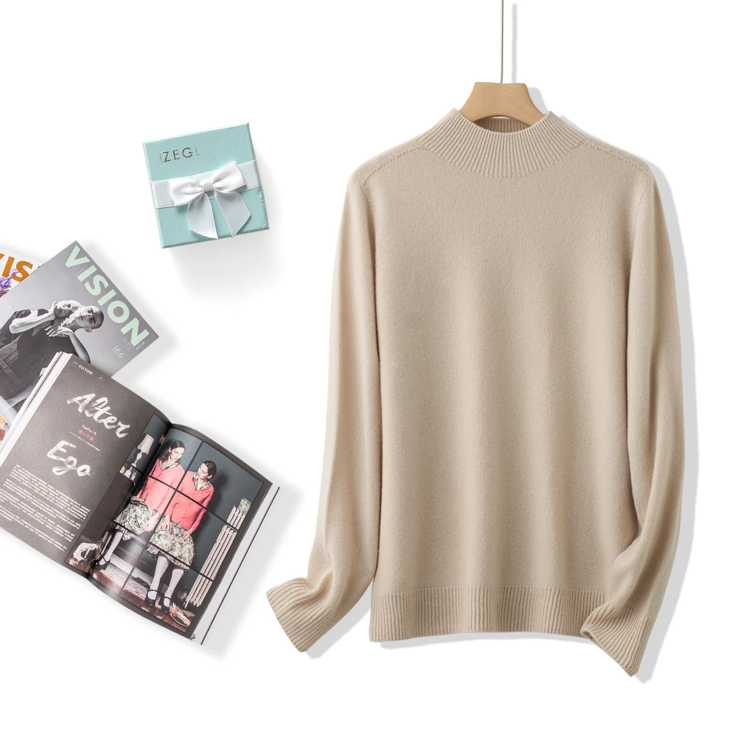 801高克重一体无缝100羊毛衫女半高领纯色宽松秋冬加厚针织打底衫