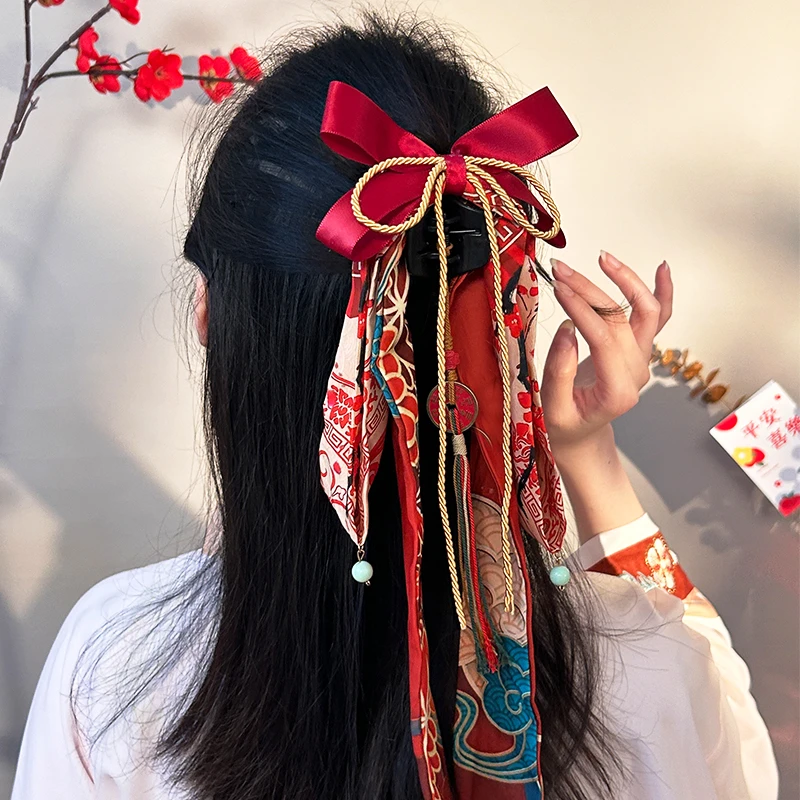 2024新款【原创】新中式流苏红色吉祥如意飘带抓夹古风小众盘发夹