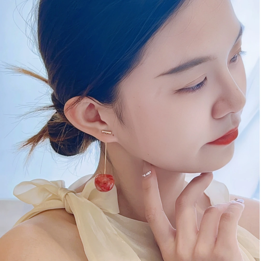 奈洱 合金耳饰 永生干花樱桃耳环长款气质百搭耳坠车厘子简约耳饰