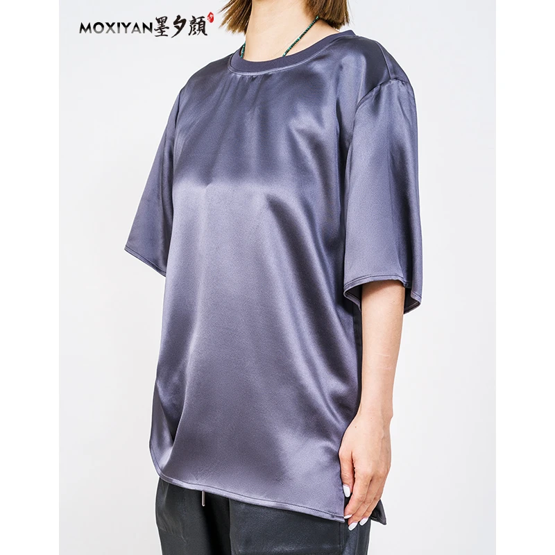 【墨夕颜】2024夏季新款桑蚕丝男装经典 银灰色大王缎短袖-MH-333