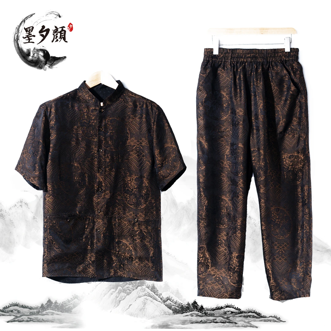 【墨夕颜】2023新款桑蚕丝休闲男士江水海崖短袖裤子2件套-LC-028-T