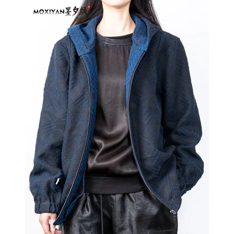 【墨夕颜】2025新款桑蚕丝新国风男装    柞蚕丝蓝色帽衫-MH-609