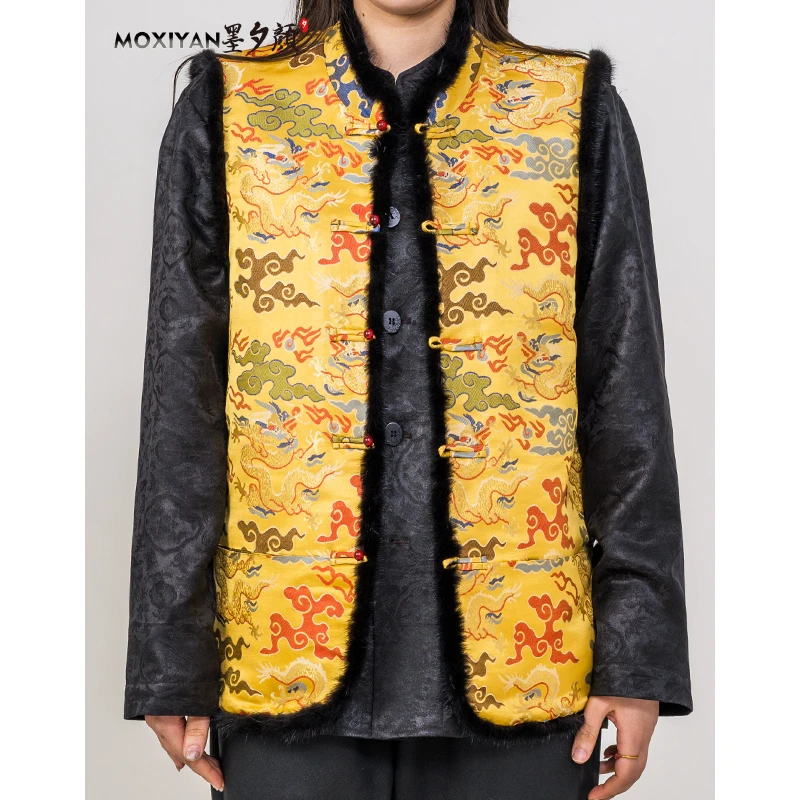 【墨夕颜】2023冬季新款桑蚕丝 男士飞龙在天云锦水貂毛马甲-MH-221
