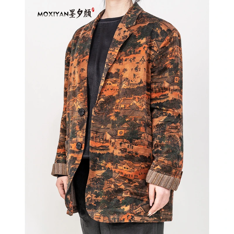 【墨夕颜】2023秋季新款桑蚕丝 男士国风清明上河图厚款西装-MH-127