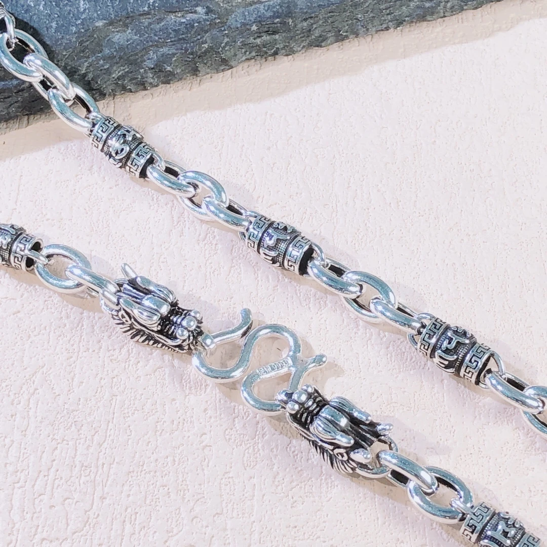 链子足银 足银999.9手工龙头六字真言桶珠项链6毫米粗60厘米