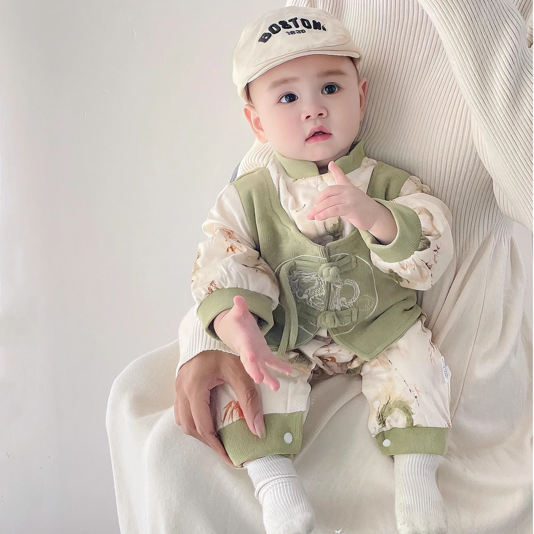 婴幼儿衣服春装连体衣男宝宝唐装百天周岁礼服中国风春秋季外出服