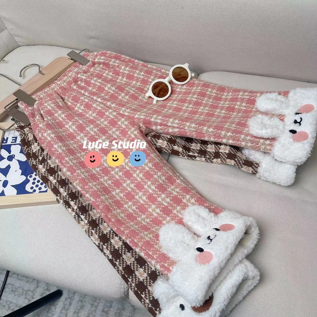 儿童格子休闲卡通加绒裤2023冬季新款中小童韩版洋气保暖加厚裤子